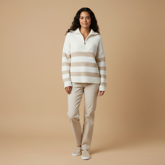 Noemi – Pasiasty Dzianinowy Sweter z Półzamkiem